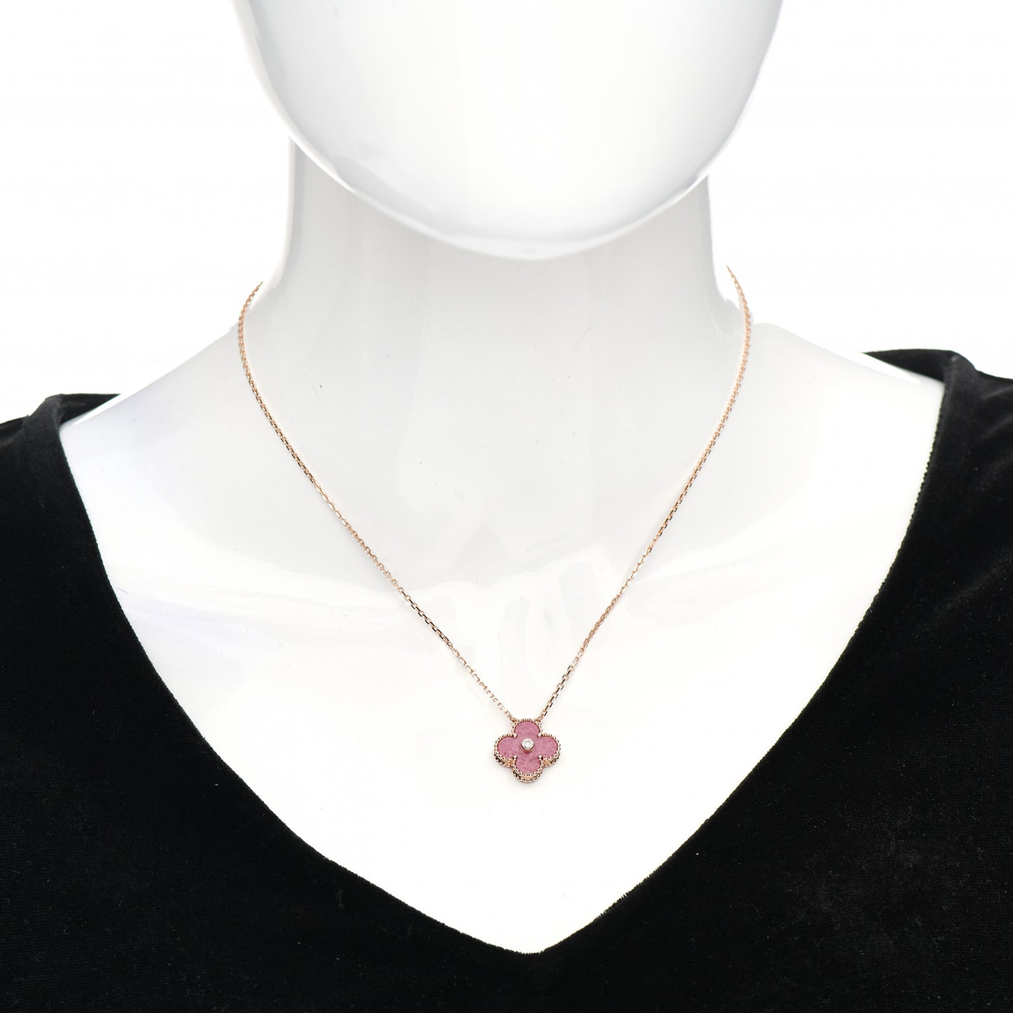 18K Rose Gold Diamond Rhodonite Vintage Alhambra Pendant Necklace