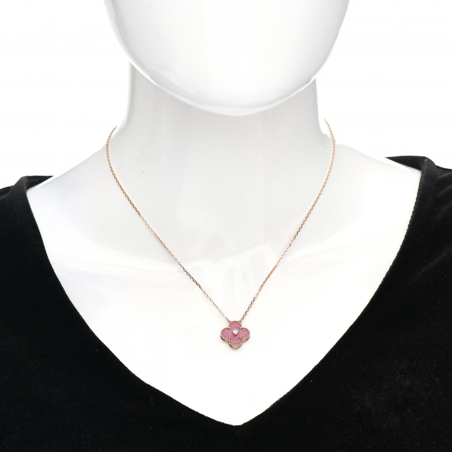 Van Cleef & Arpels 18K Rose Gold Diamond Rhodonite Vintage Alhambra Pendant Necklace 2 of 5