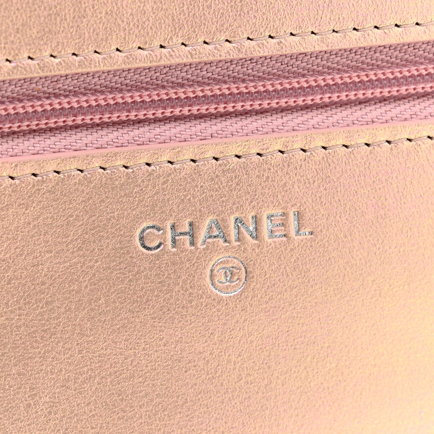 Iridescent Calfskin Quilted Wallet On Chain WOC Pink