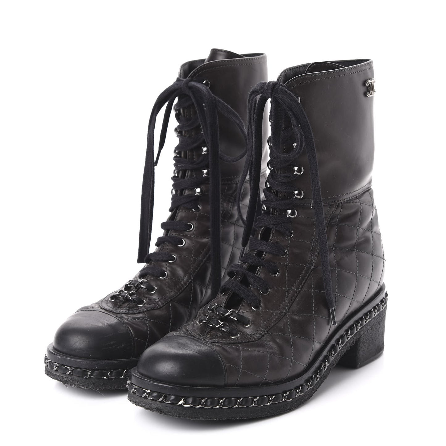 Calfskin Quilted Chain Around Combat Boots 39 Black
