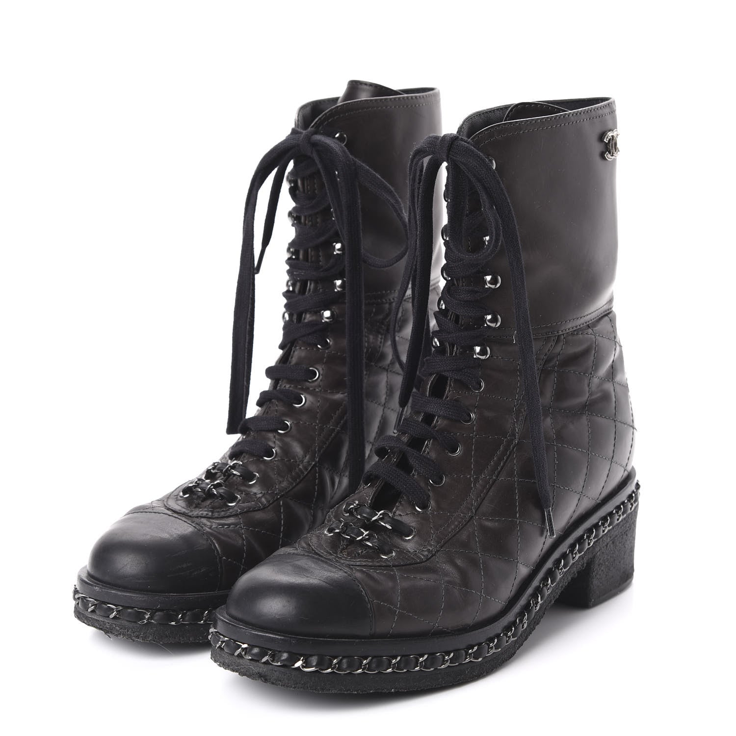 Chanel Calfskin Quilted Chain Around Combat Boots 39 Black 3 of 7