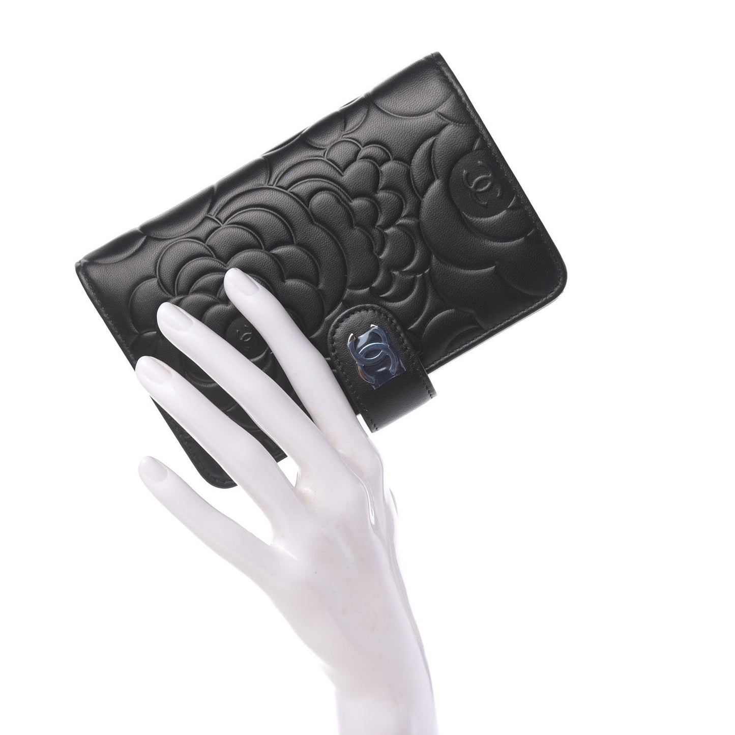 Lambskin Camellia Embossed Zipped Pocket Wallet Black