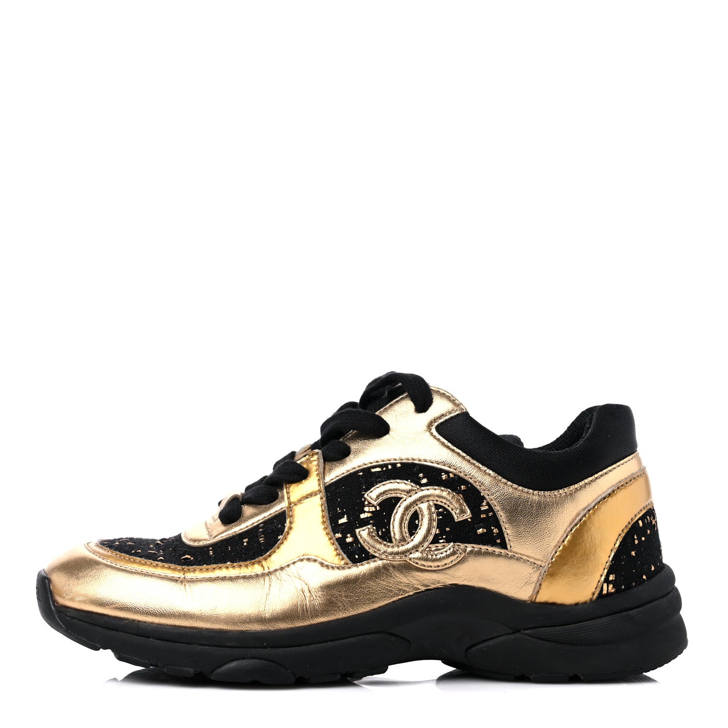 Chanel Satin Lambskin Fabric Tweed CC Sneakers 35.5 Gold Black 1 of 11
