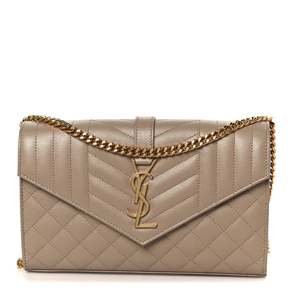 Saint Laurent Grain De Poudre Mixed Matelasse Triquilt Monogram Chain Wallet Dark Beige 1 of 10