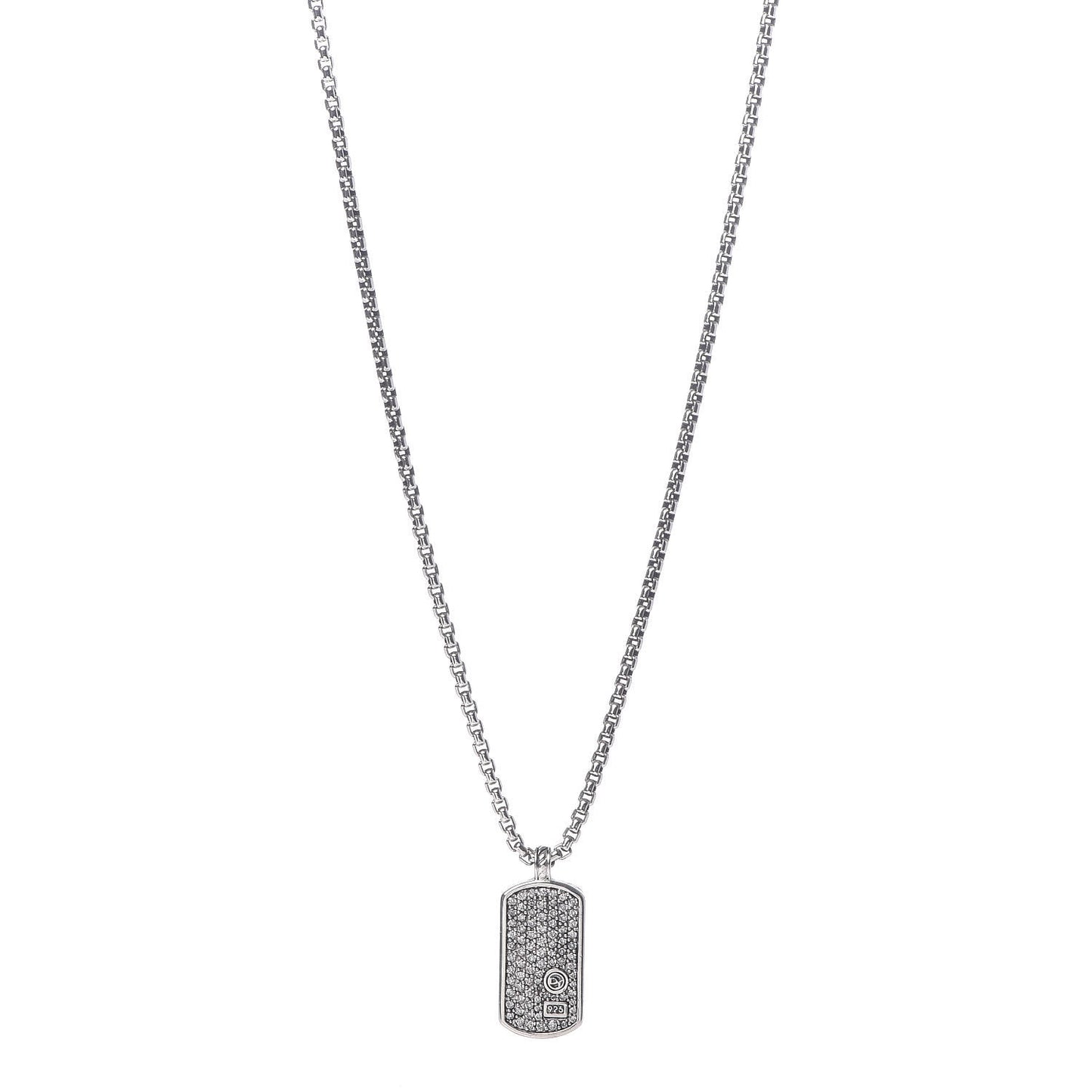 Sterling Silver Pave Diamond Small Dog Tag Pendant Necklace