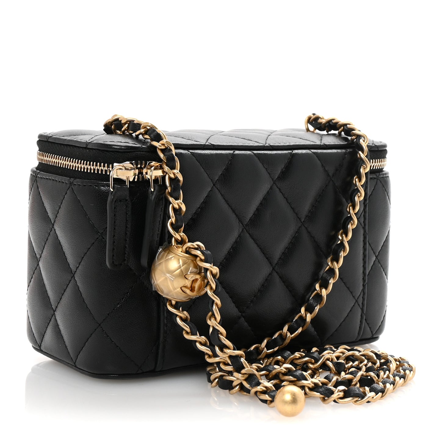 Lambskin Quilted Pearl Crush Small Vanity Case With Chain Black