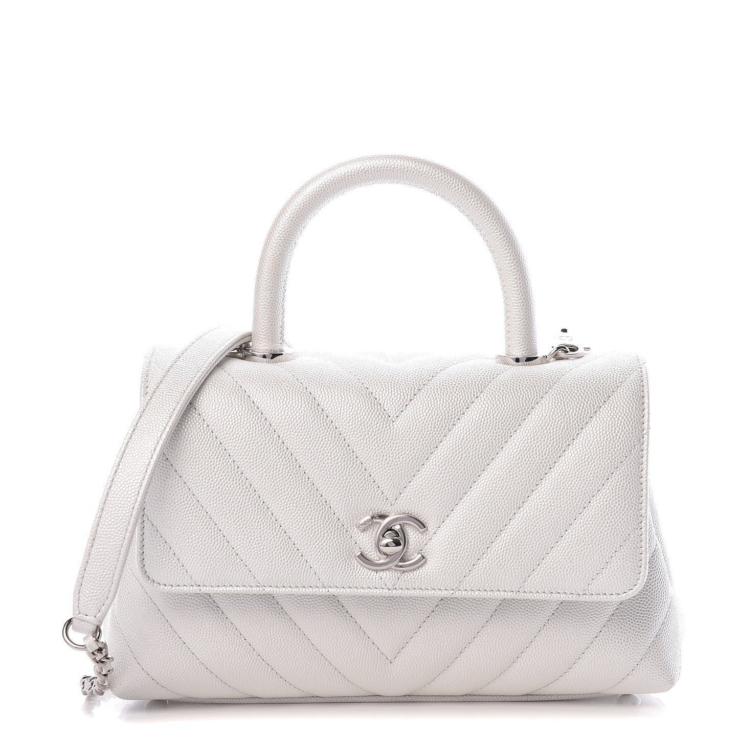 Iridescent Caviar Chevron Quilted Mini Coco Handle Flap White