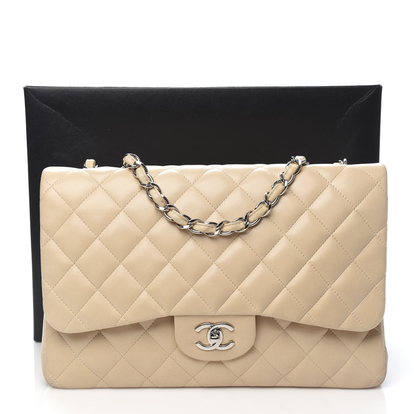 Lambskin Quilted Jumbo Double Flap Beige