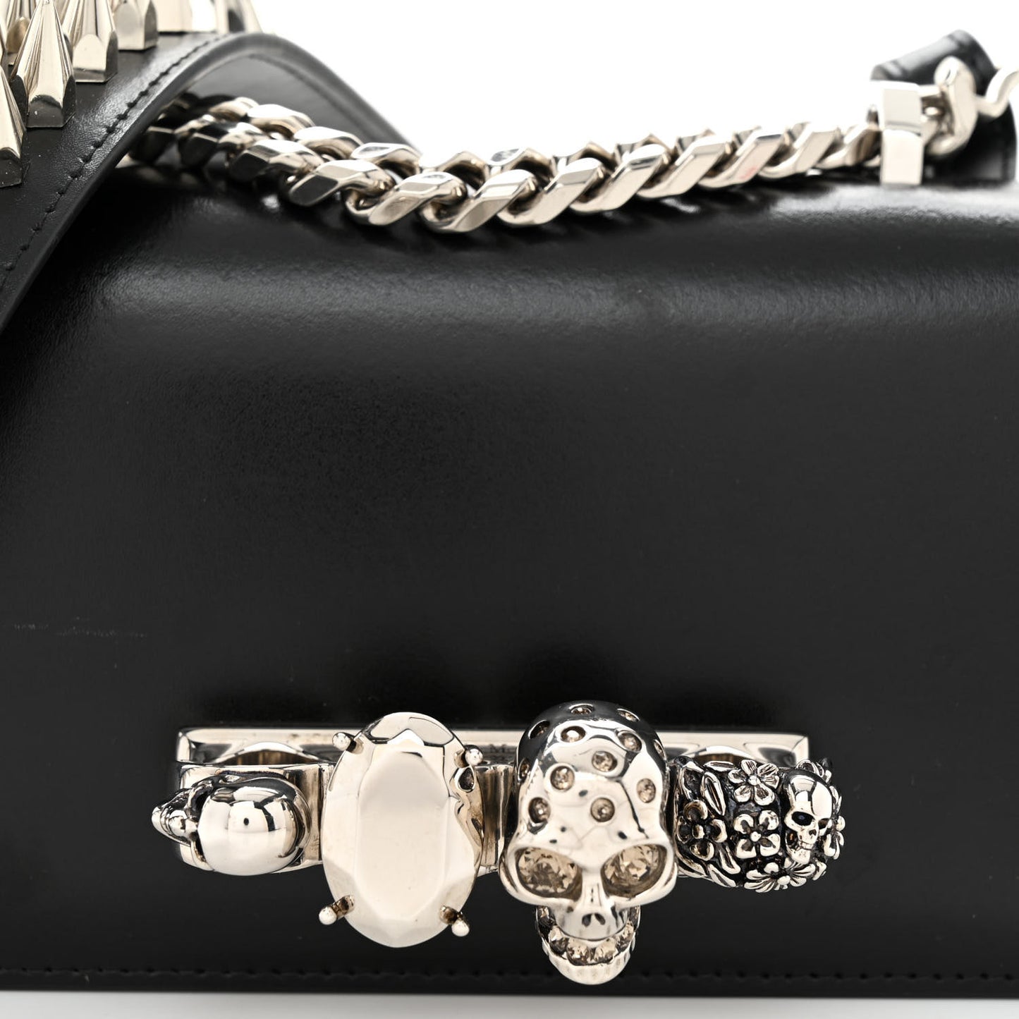 Calfskin Studded Jeweled Mini The Biker Knuckle Satchel Black