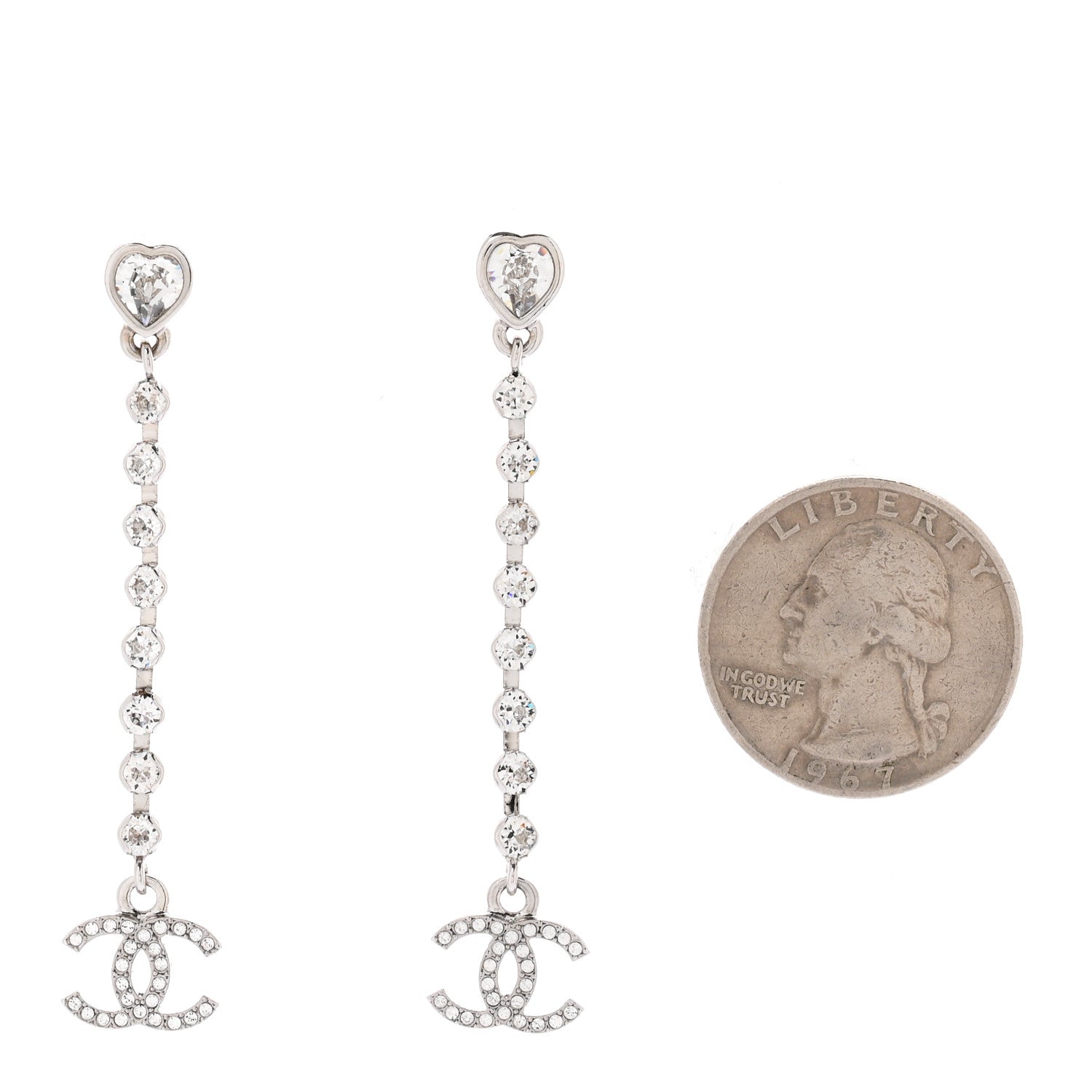 Chanel Crystal CC Heart Drop Earrings Silver 2 of 5