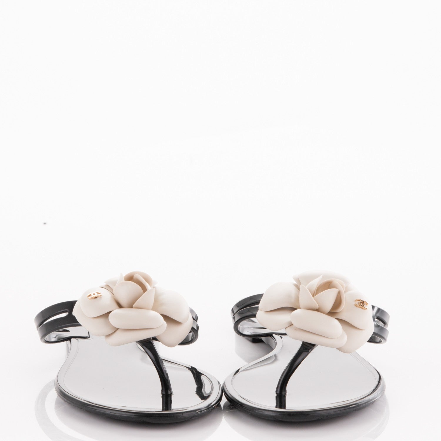 Chanel Jelly Camellia Thong Sandals 38 Black Ivory 2 of 7