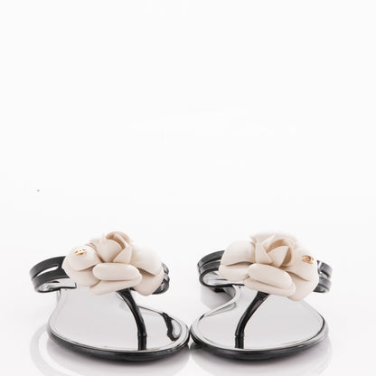 Chanel Jelly Camellia Thong Sandals 38 Black Ivory 2 of 7