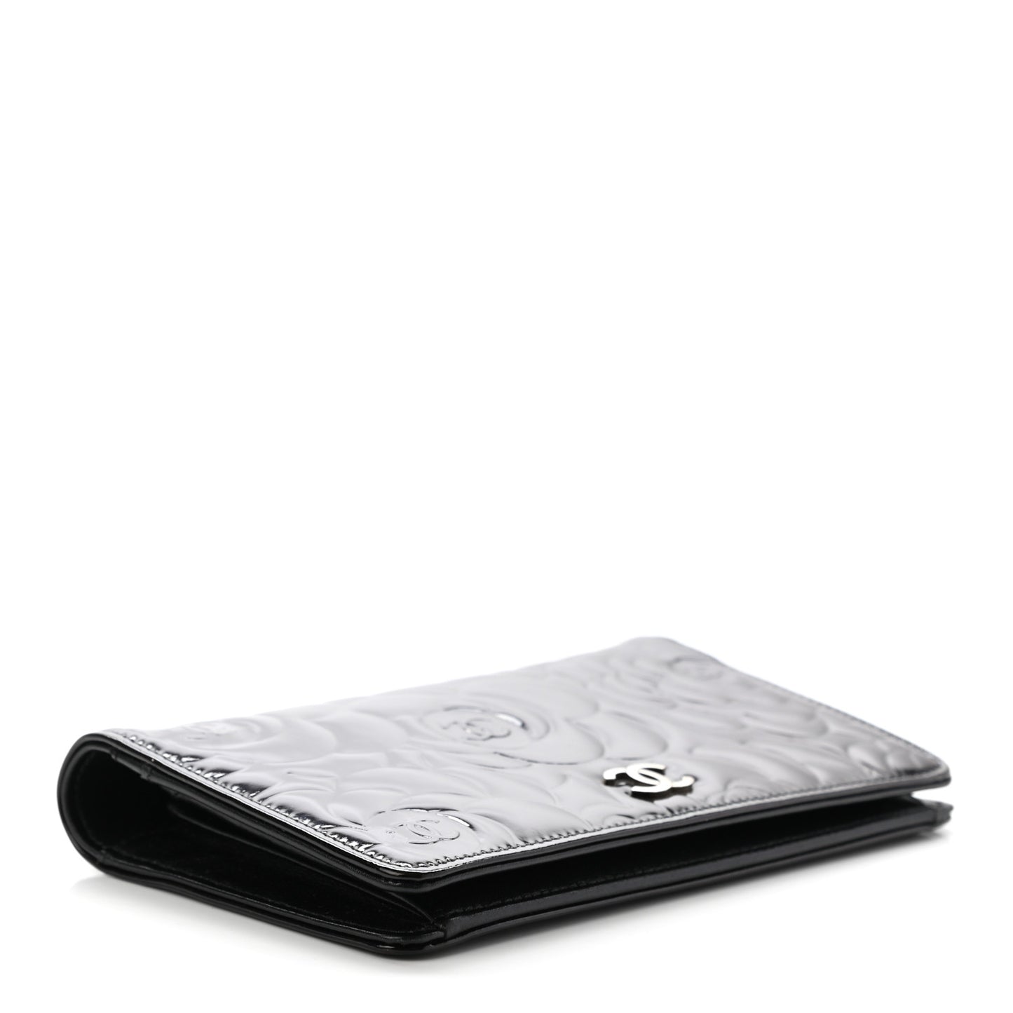 Patent Camellia Embossed Yen Wallet Black