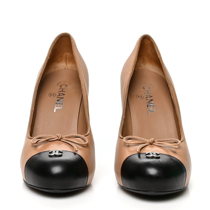 Chanel Lambskin Bow Cap Toe CC Pumps 40 Beige Black 2 of 8