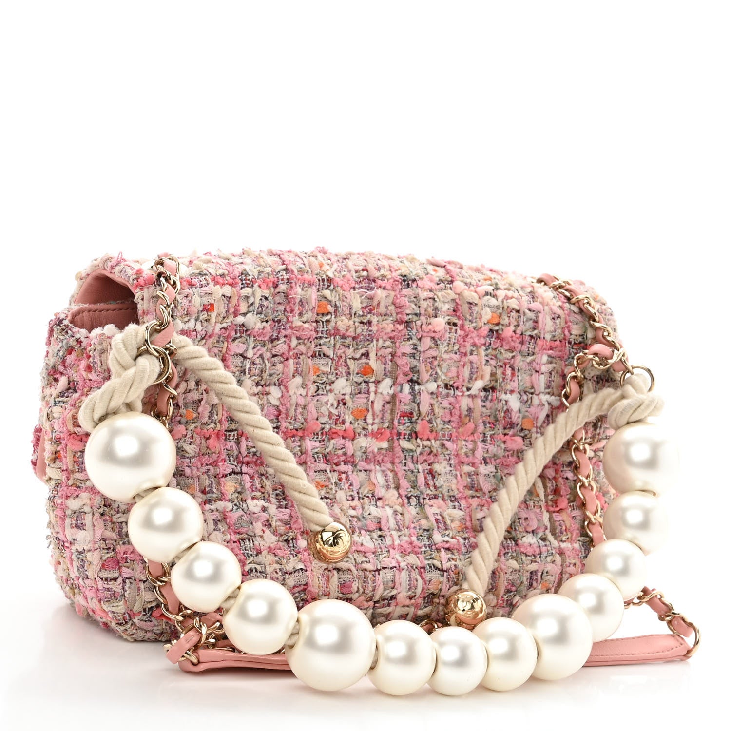 Chanel Tweed Mini Pearl Handle Flap Pink Beige Orange Ecru 3 of 10