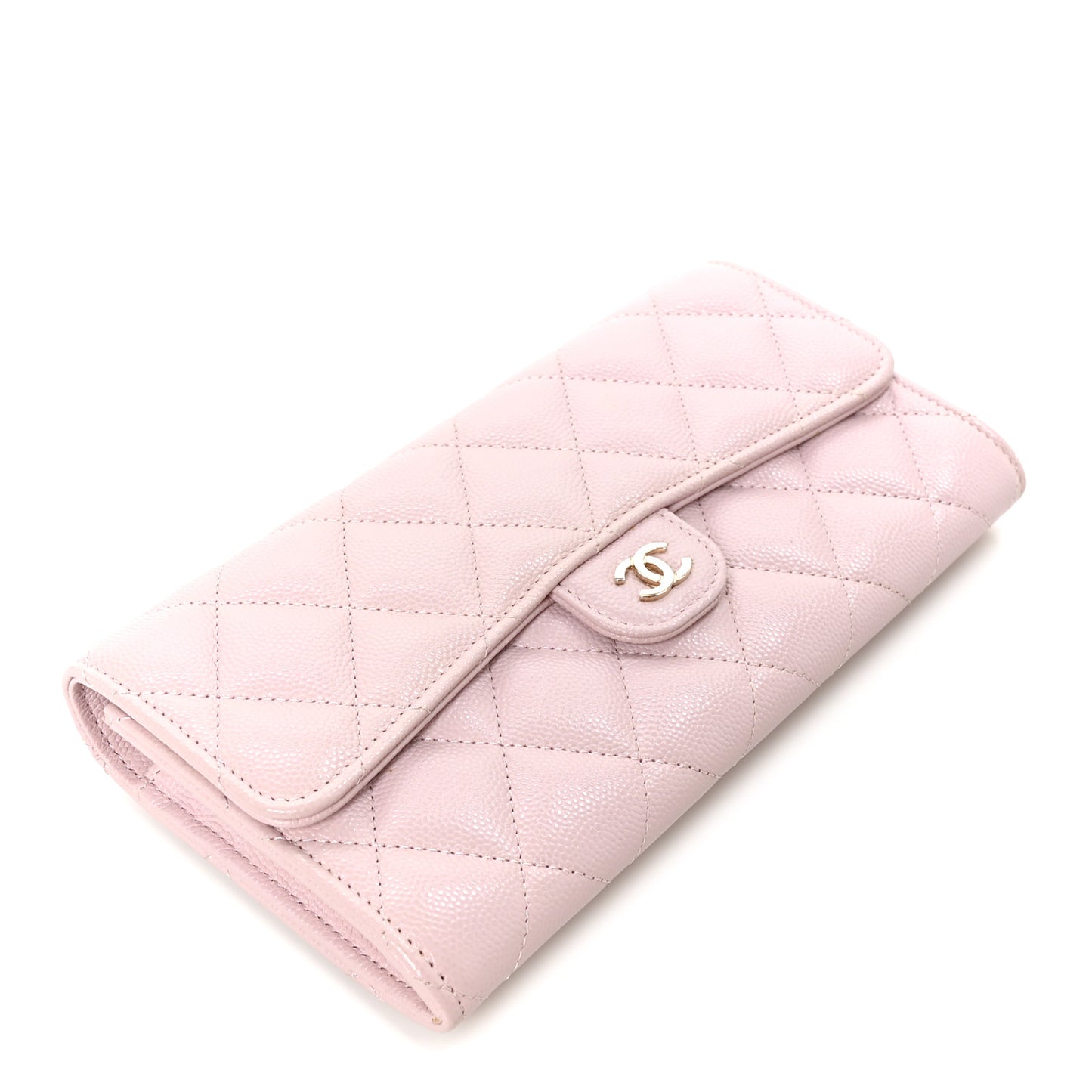 Caviar Quilted Large Gusset Flap Wallet Light Pink