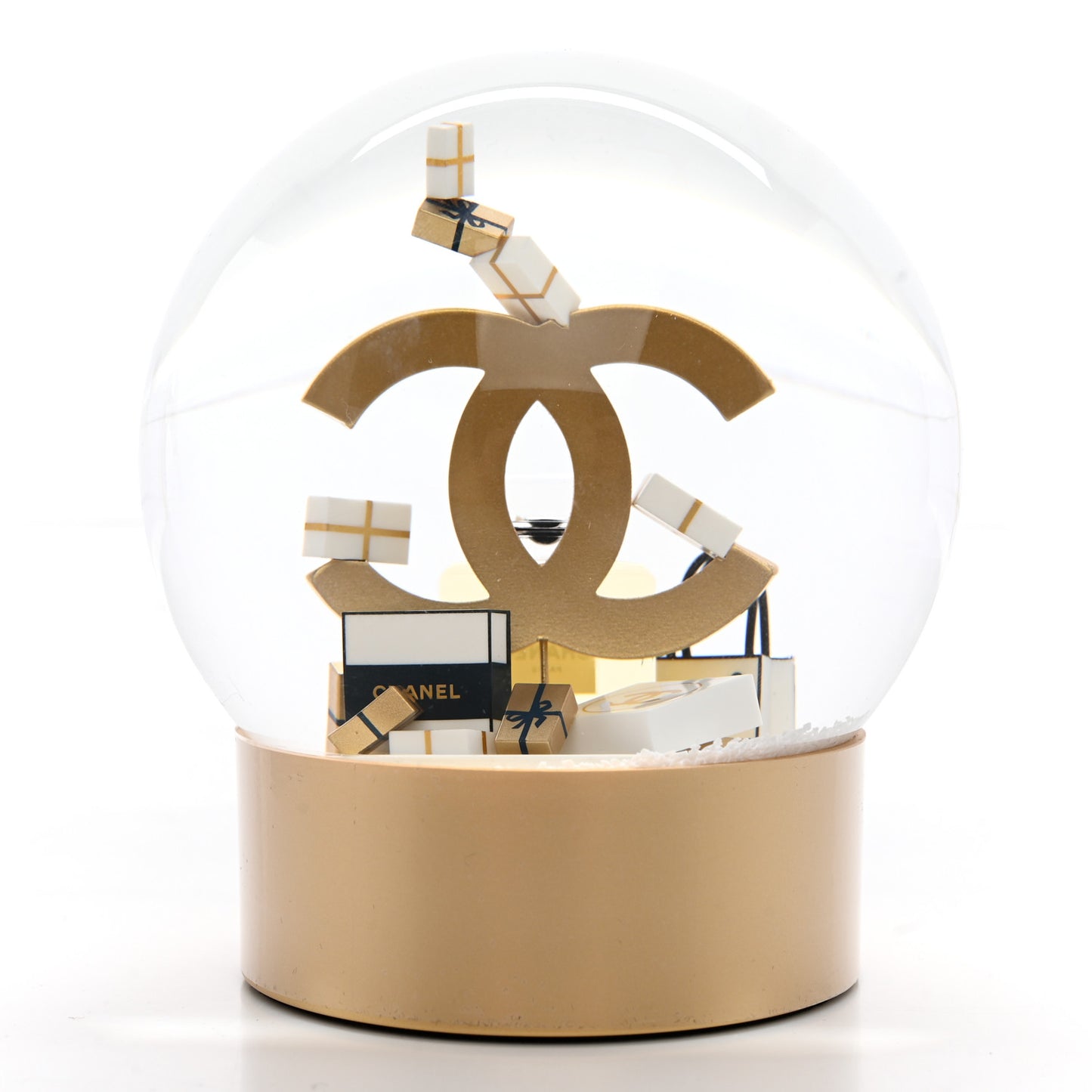Glass CC Shopping Bag Snow Globe Gold