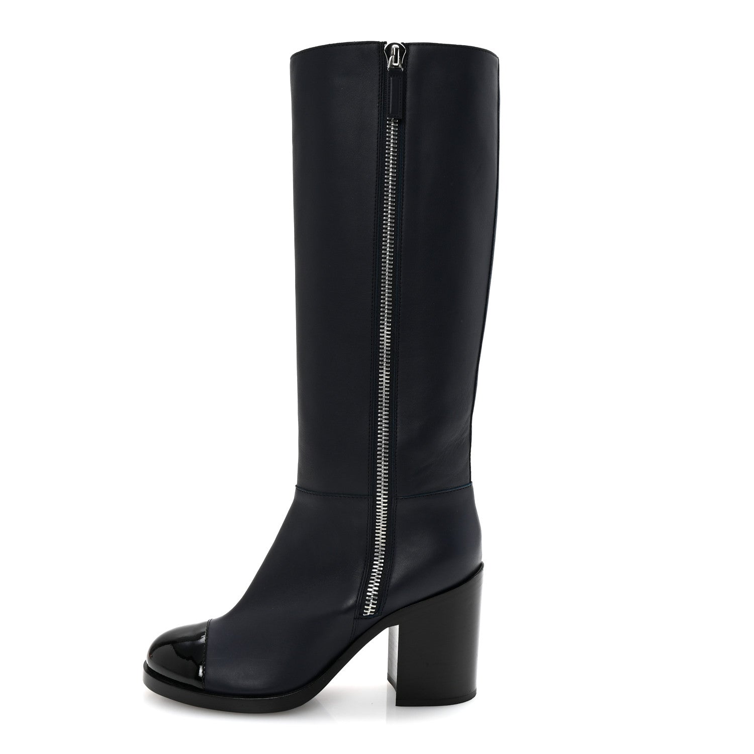 Chanel Calfskin Patent Cap Toe Quilted Logo Knee High Boots 39 Black 1 of 9