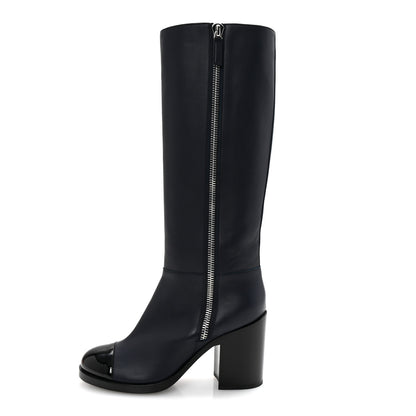 Chanel Calfskin Patent Cap Toe Quilted Logo Knee High Boots 39 Black 1 of 9