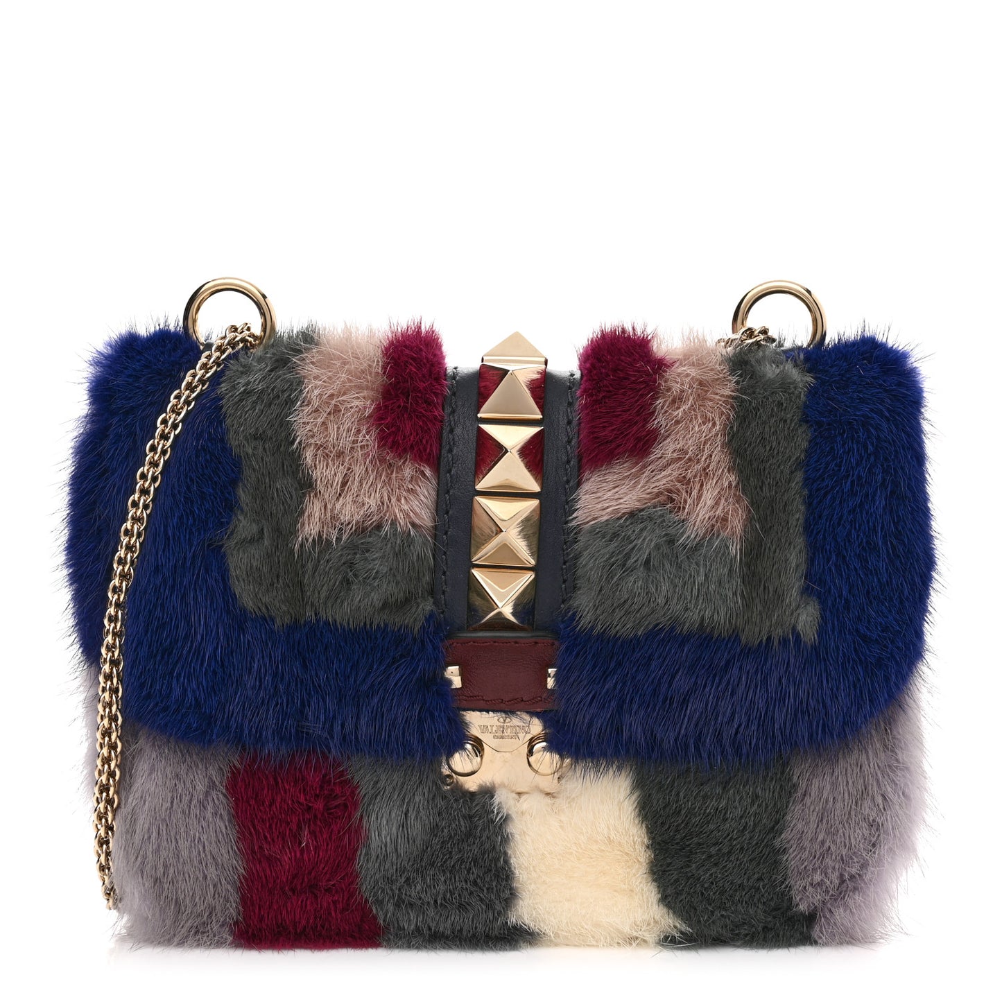 Mink Fur Colorblock Small Glam Lock Rockstud Flap Multicolor
