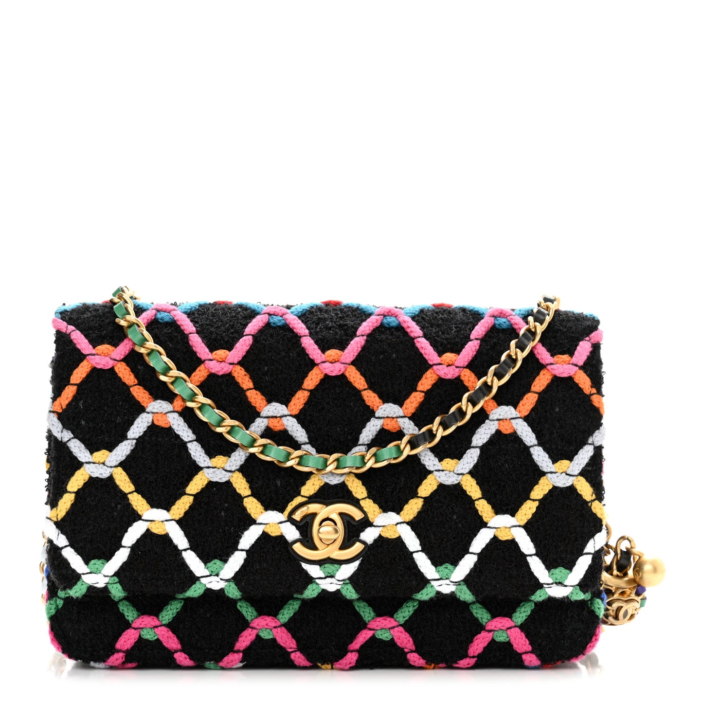 Tweed Diamond Threaded Pearl Crush Wallet On Chain WOC Black Multicolor