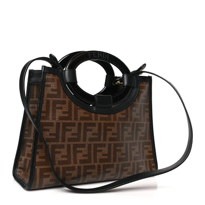 Fendi Glazed Fabric Vitello Century Plexiglass FF 1974 Stamp Patch Small Runaway Shopper Tote Mogano Panna Black 3 of 9