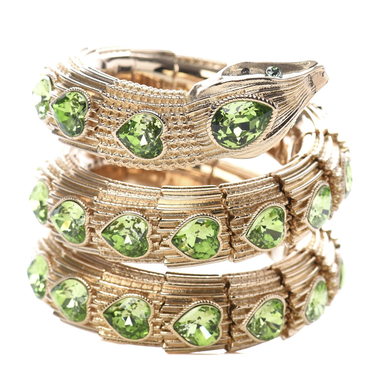 Crystal Heart Triple Wrap Snake Bracelet M Green Gold