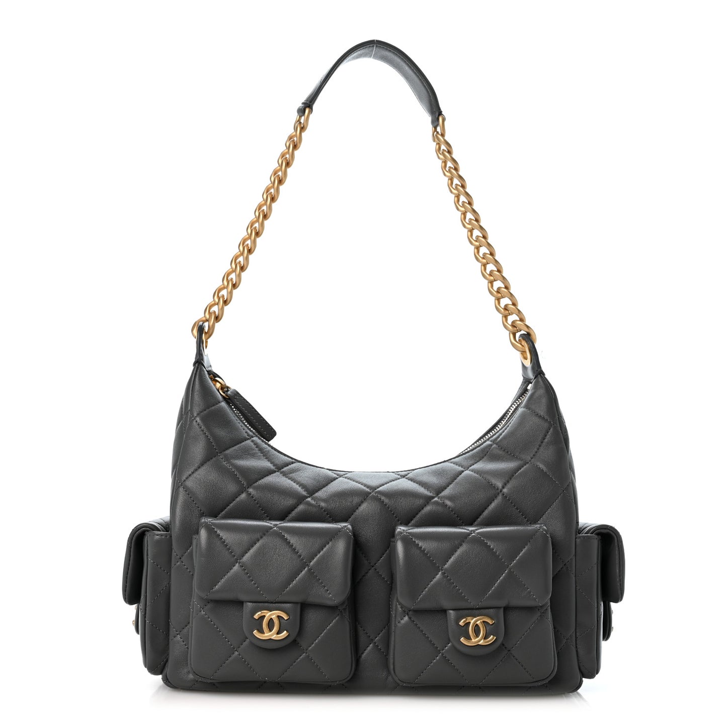 Shiny Lambskin Quilted Trendy Pockets Hobo Dark Grey