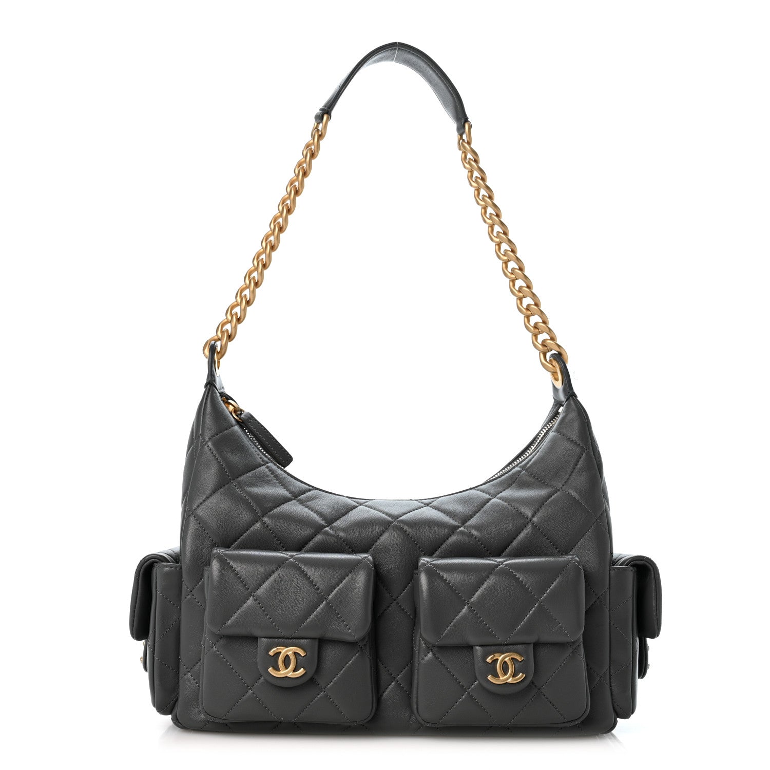 Chanel Shiny Lambskin Quilted Trendy Pockets Hobo Dark Grey 1 of 10