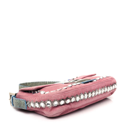Fendi Velvet Snakeskin Beaded Crystal Baguette Pink 4 of 11