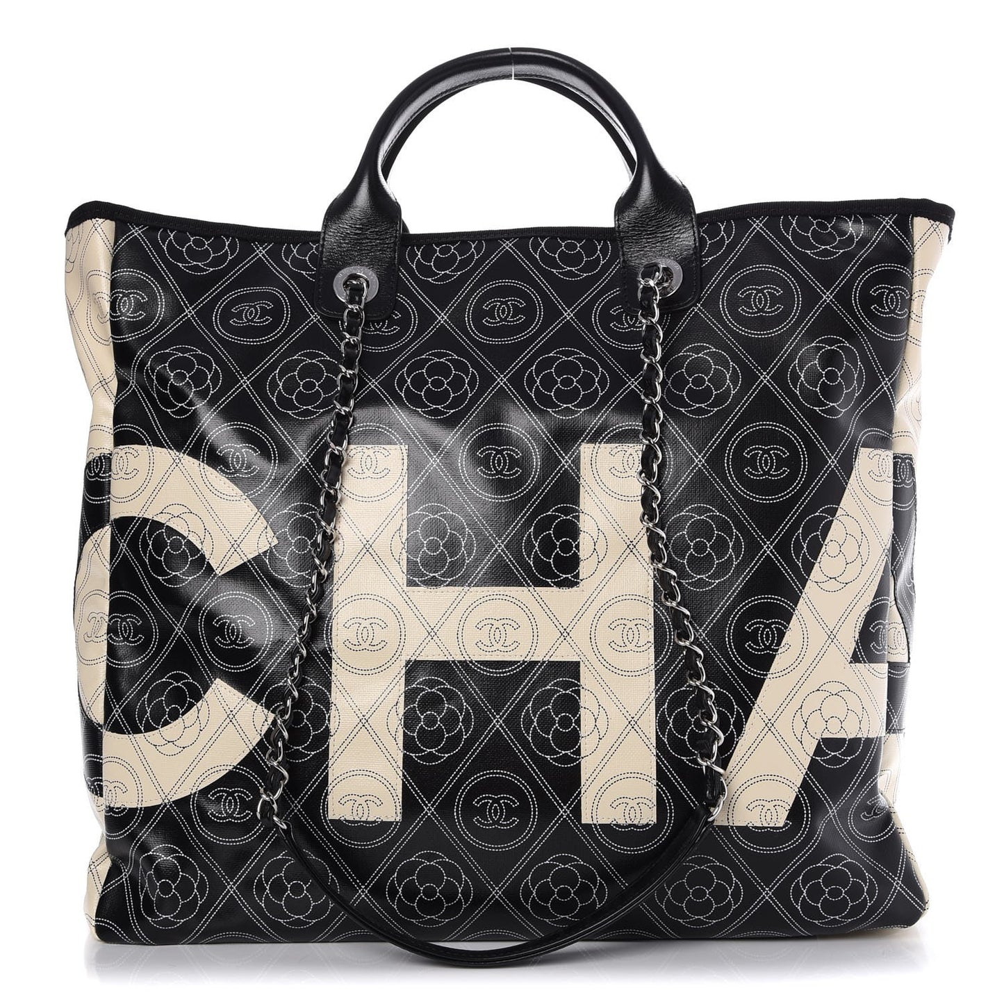 Printed Canvas Large Shopping Tote Black Beige