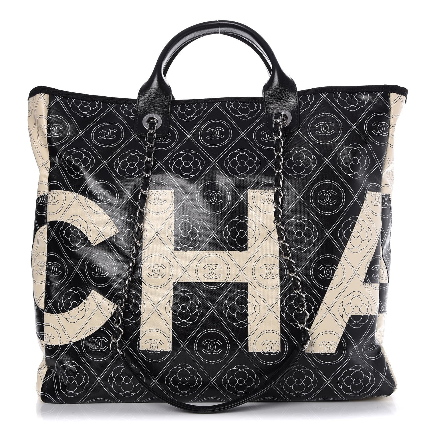 Chanel Printed Canvas Large Shopping Tote Black Beige 1 of 9