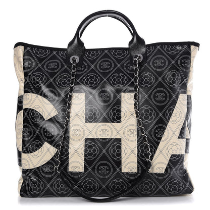 Chanel Printed Canvas Large Shopping Tote Black Beige 1 of 9