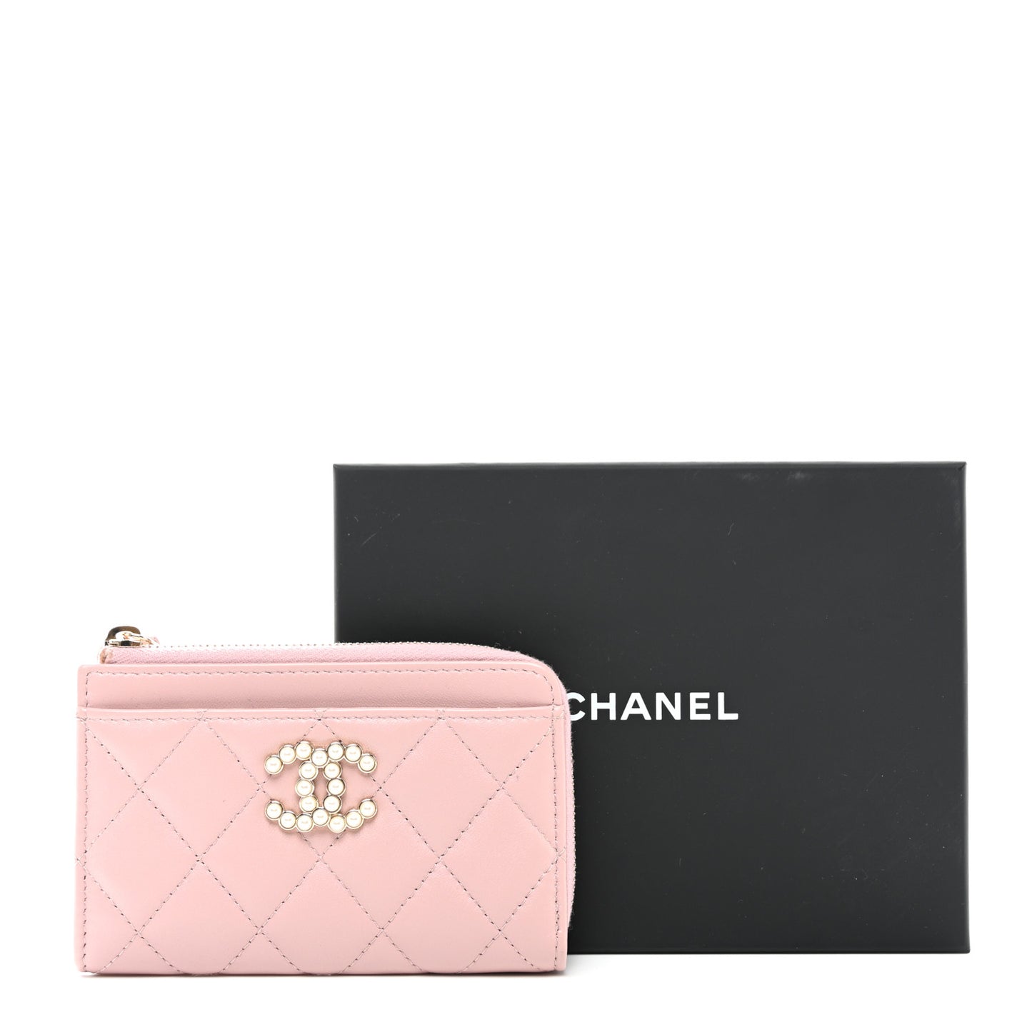 Lambskin Quilted Pearl Crystal CC Zip Around Card Holder Pink