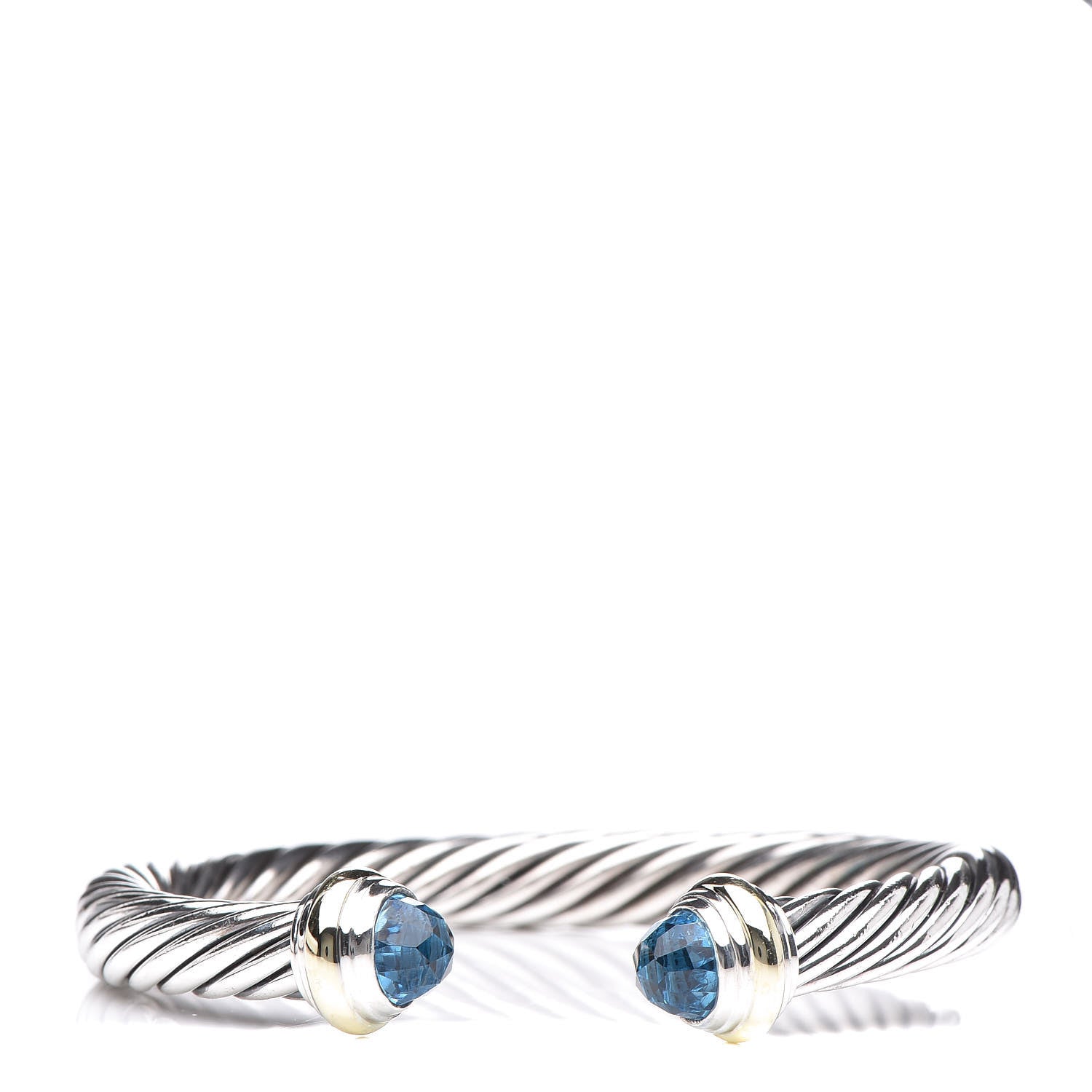 David Yurman Sterling Silver 14K Yellow Gold Blue Topaz 7mm Cable Classics Bracelet 1 of 5