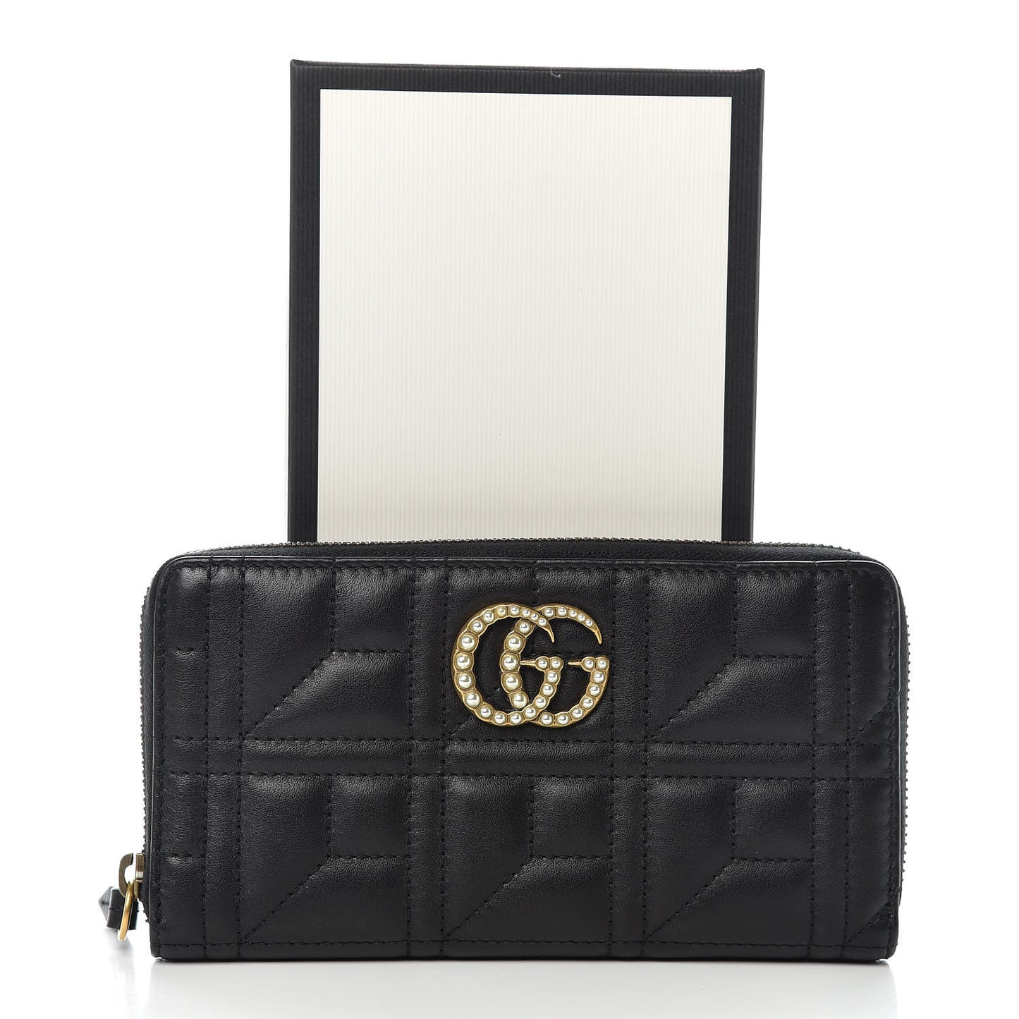 Calfskin Matelasse Pearly GG Marmont Zip Around Wallet Black