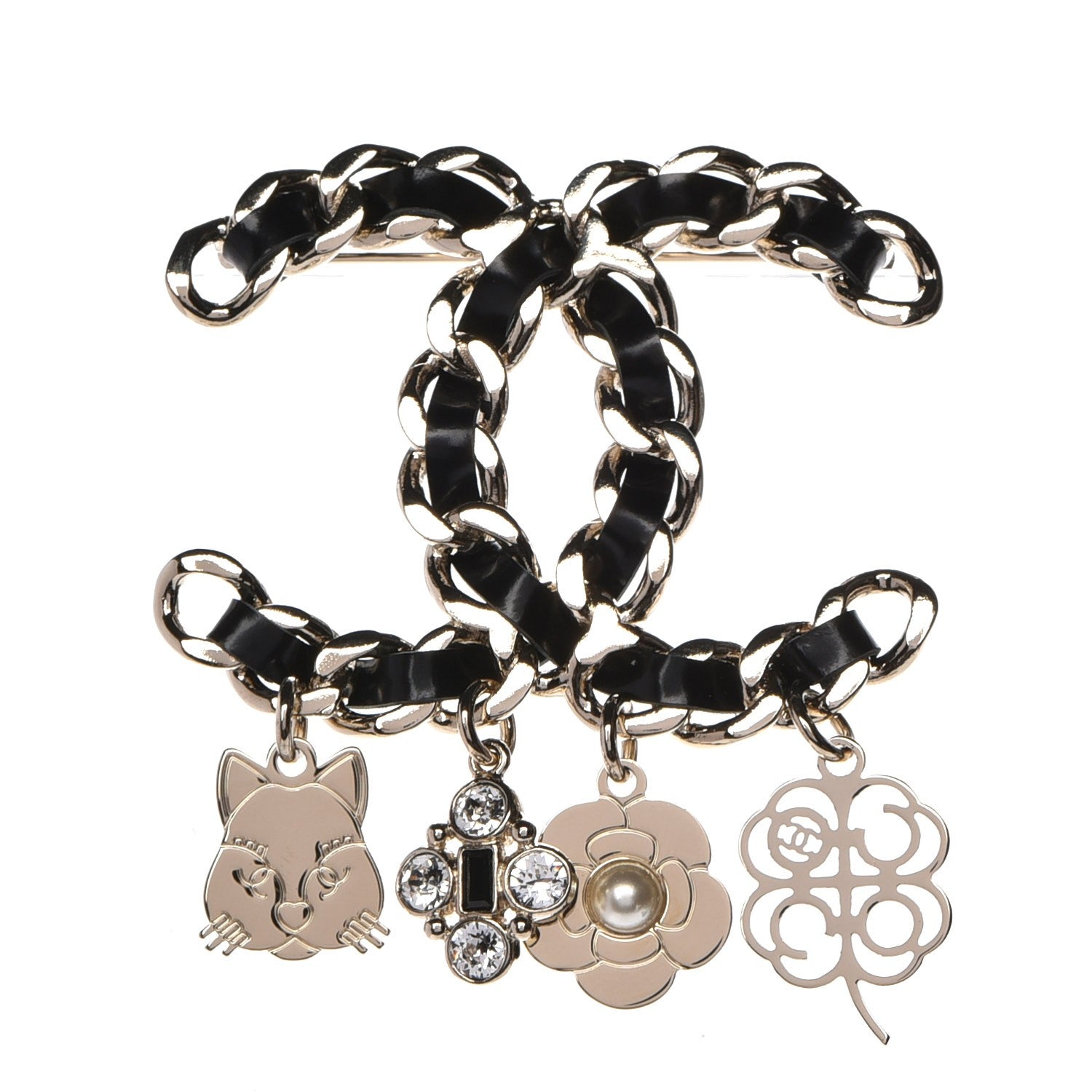 Chanel Lambskin Crystal Chain CC Charms Brooch Black Gold 1 of 4