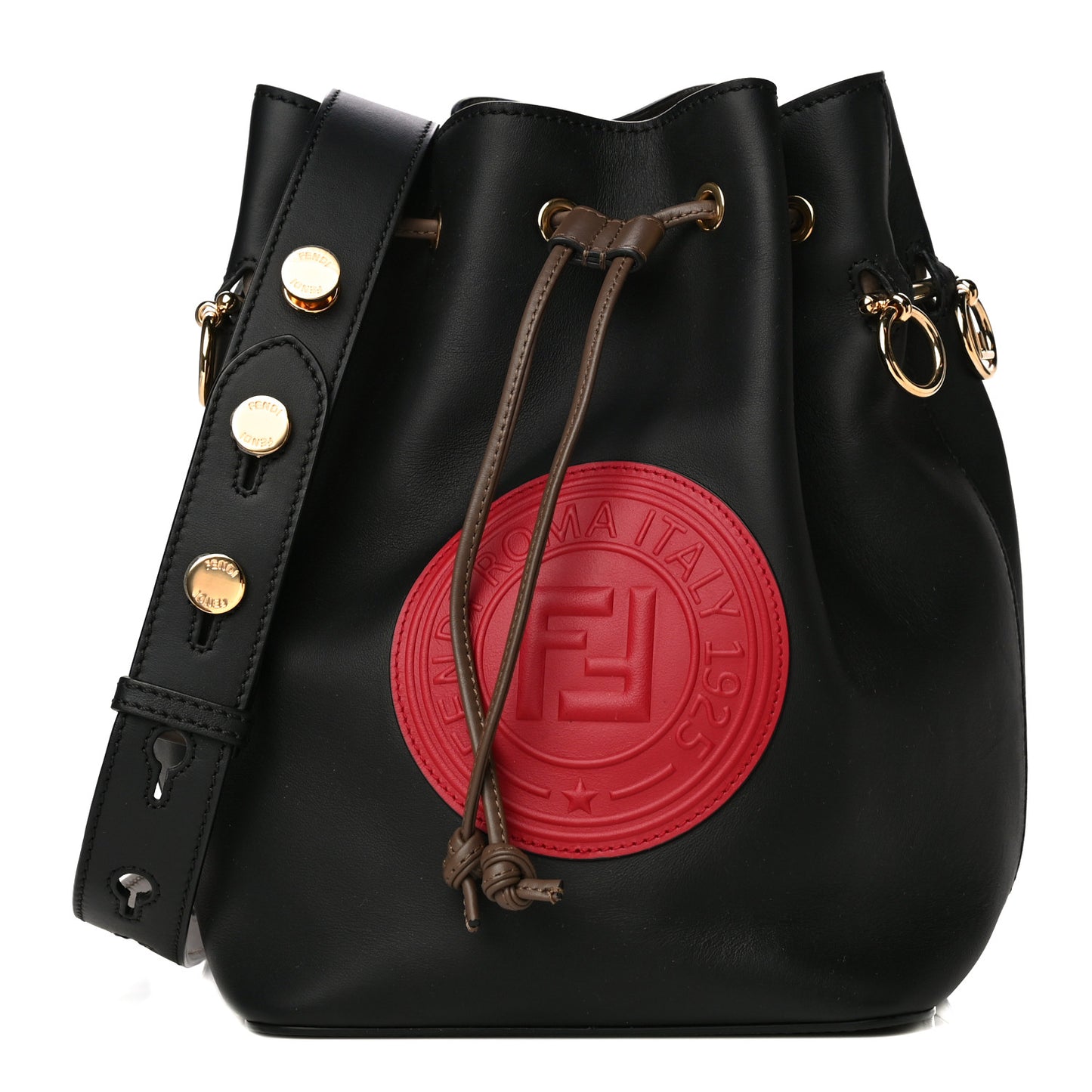 Vitello Century Matte F is Fendi Stamp Patch Bi-Color Grande Mon Tresor Bucket Bag Black Maya Fragola