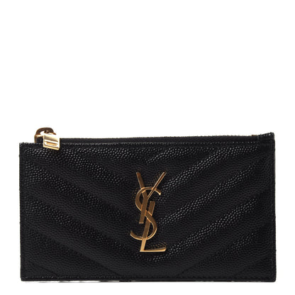 Saint Laurent Grain De Poudre Matelasse Chevron Monogram Fragments Zippered Card Case Black 1 of 4