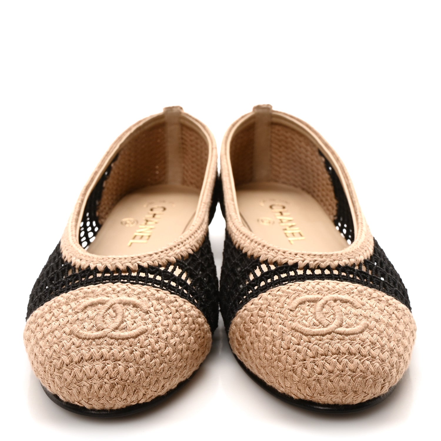Chanel Raffia Cap Toe Ballerina Flats 37 Black Beige 3 of 9
