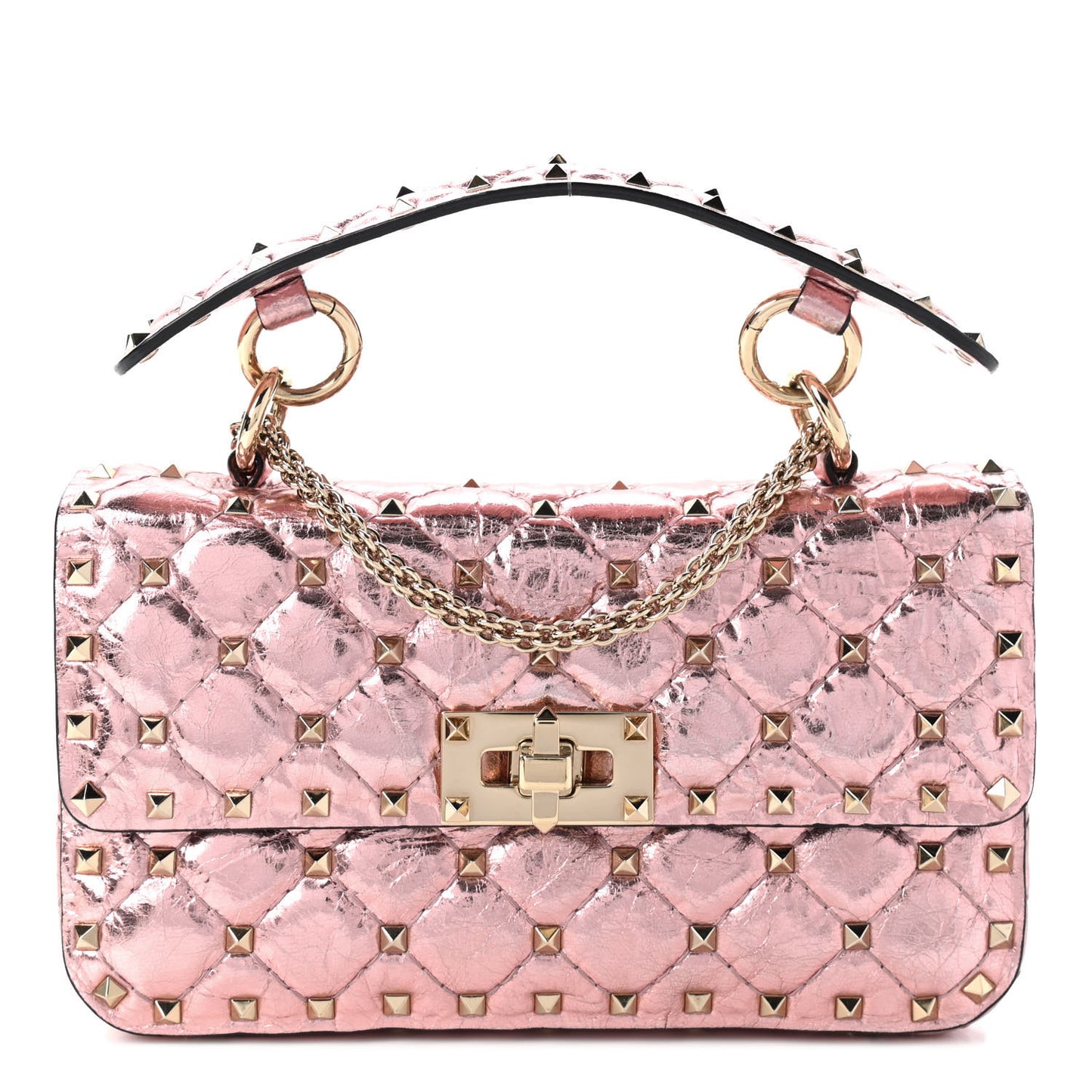 Metallic Wrinkled Lambskin Small Rockstud Spike Shoulder Bag Lipstick