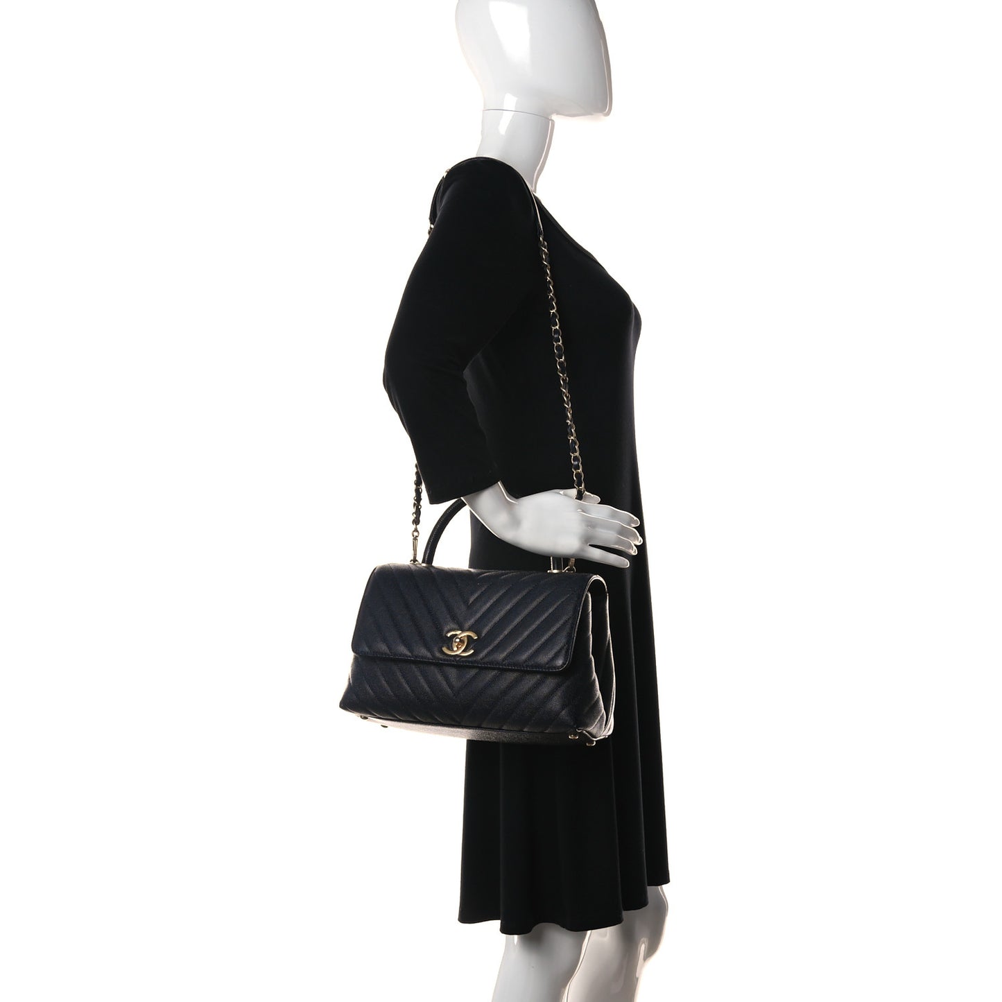 Caviar Lizard Quilted Chevron Small Coco Handle Flap Navy Blue