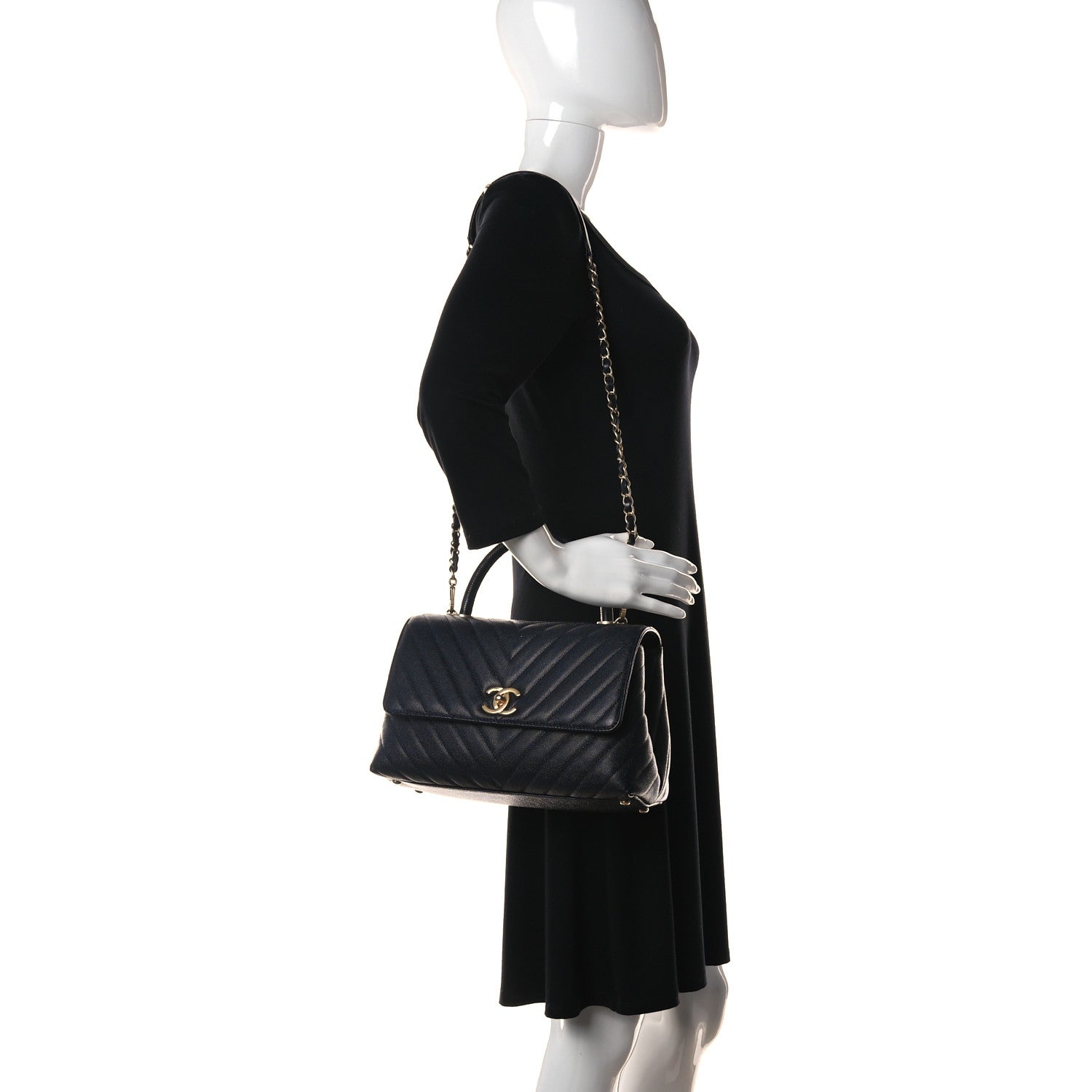 Chanel Caviar Lizard Quilted Chevron Small Coco Handle Flap Navy Blue 2 of 12