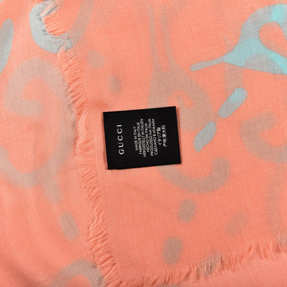 Gucci Modal Silk GG Writers Fringe Shawl Old Rose Sky Blue 3 of 3
