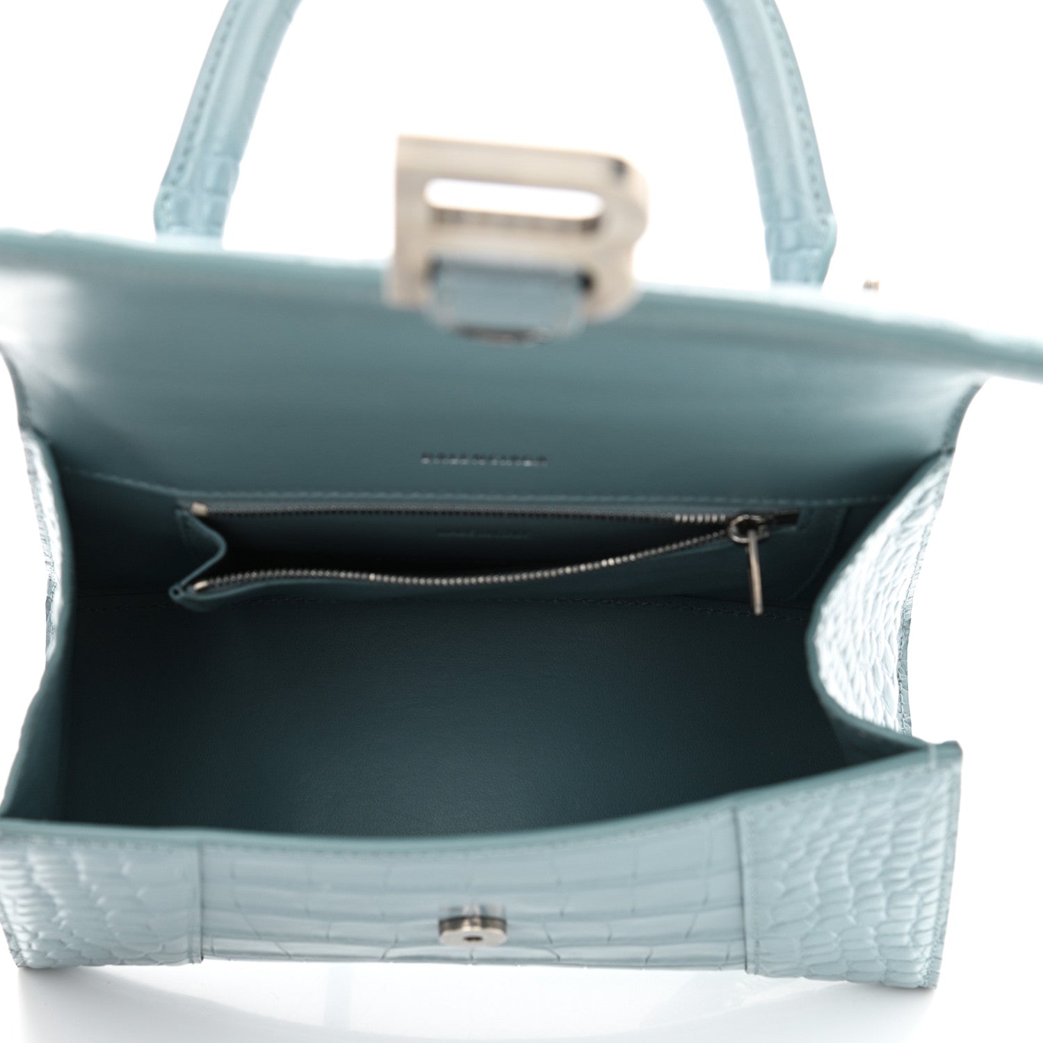 Balenciaga Shiny Calfskin Crocodile Embossed Small Hourglass Top Handle Bag Blue Grey 5 of 11