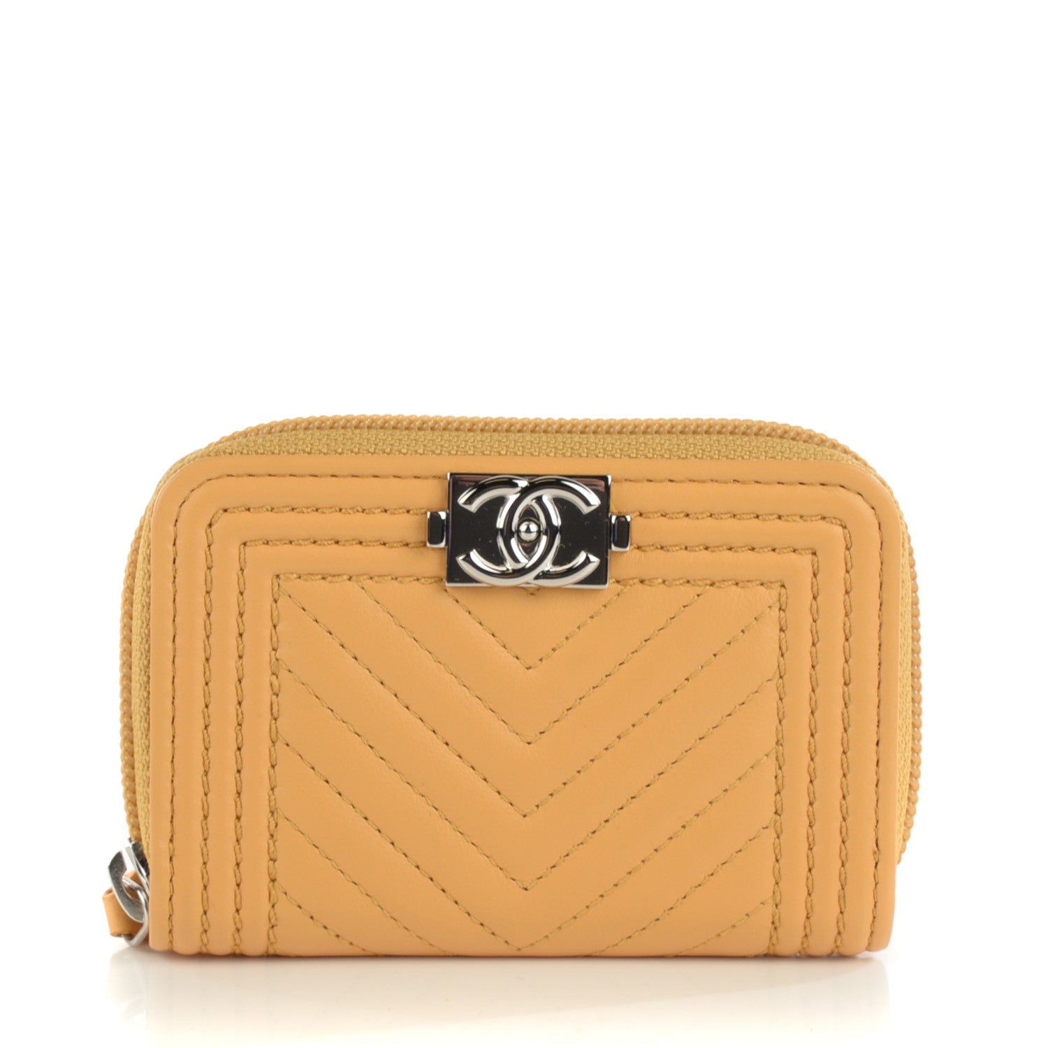 Chanel Calfskin Chevron Zip Around Boy Coin Purse Wallet Yellow 1 of 7