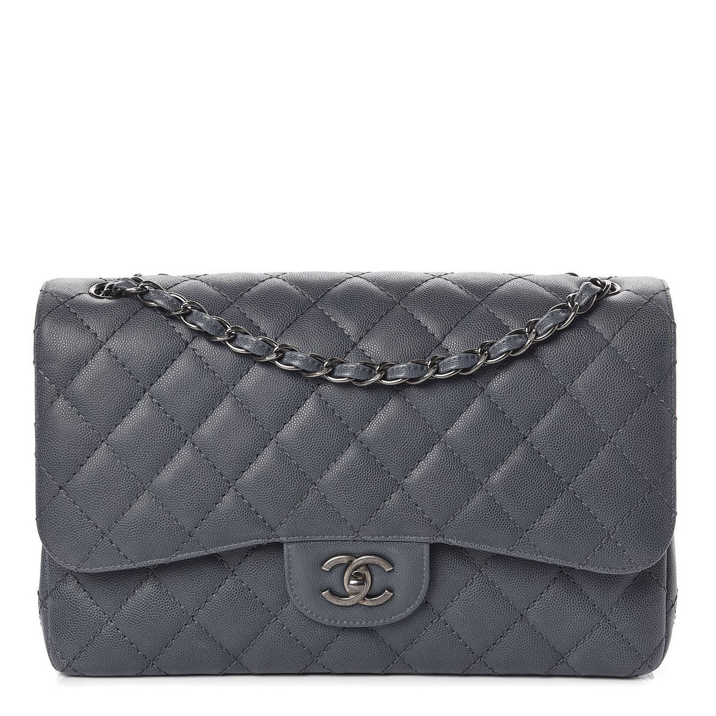 Caviar Quilted Jumbo Double Flap Dark Grey
