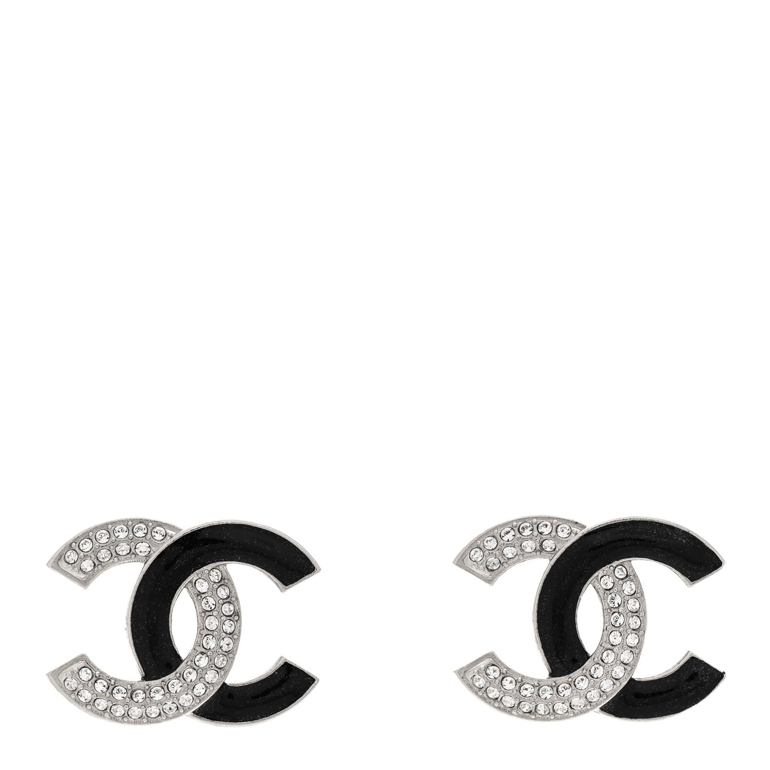 Chanel Crystal Enamel CC Earrings Silver Black 1 of 5