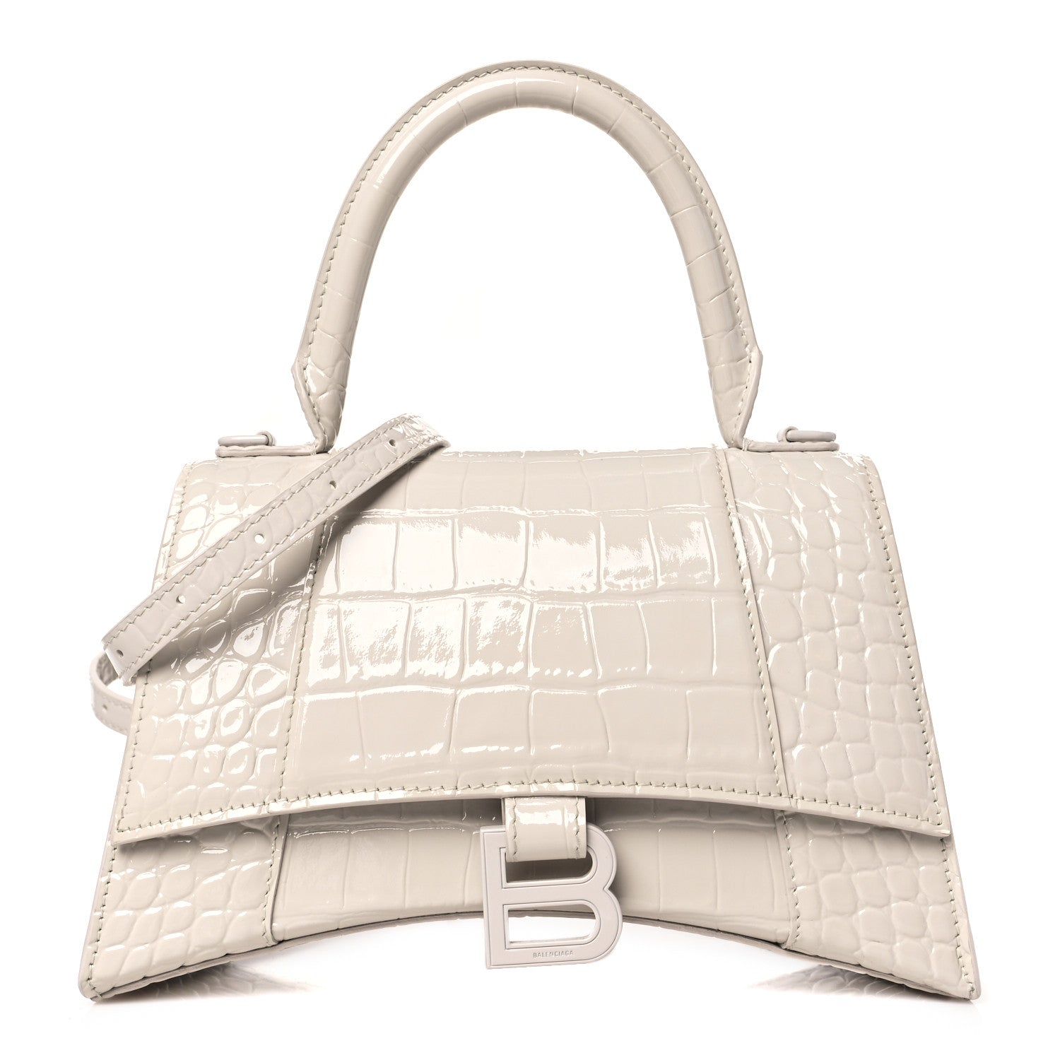 Balenciaga Shiny Calfskin Monochrome Crocodile Embossed Hourglass Top Handle Bag XS Nacre 1 of 9