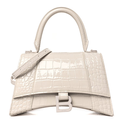 Balenciaga Shiny Calfskin Monochrome Crocodile Embossed Hourglass Top Handle Bag XS Nacre 1 of 9